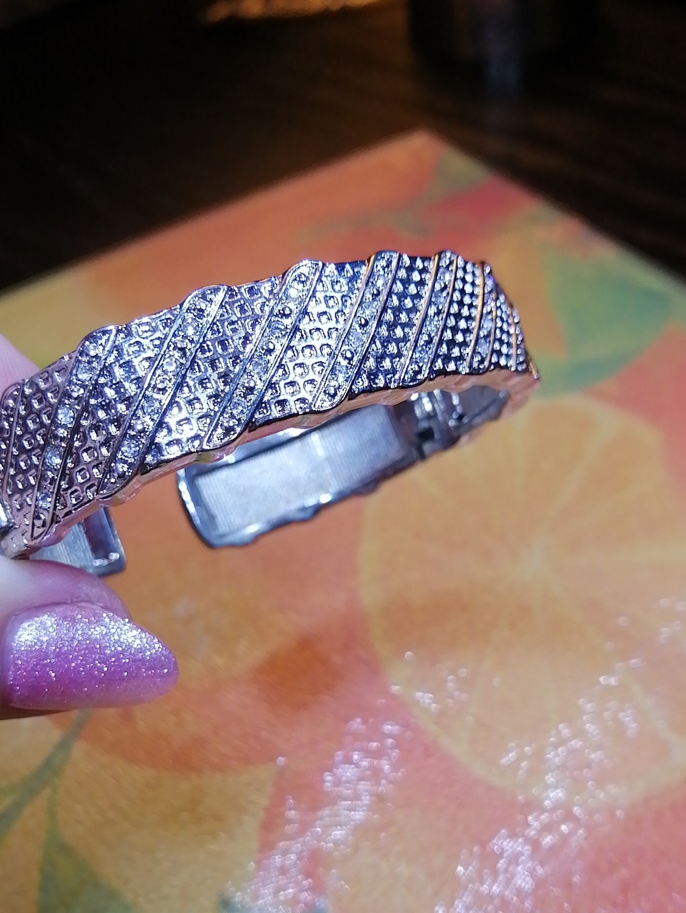 Silver Crystal-Embedded Hinged Cuff Bracelet Fits 7.5